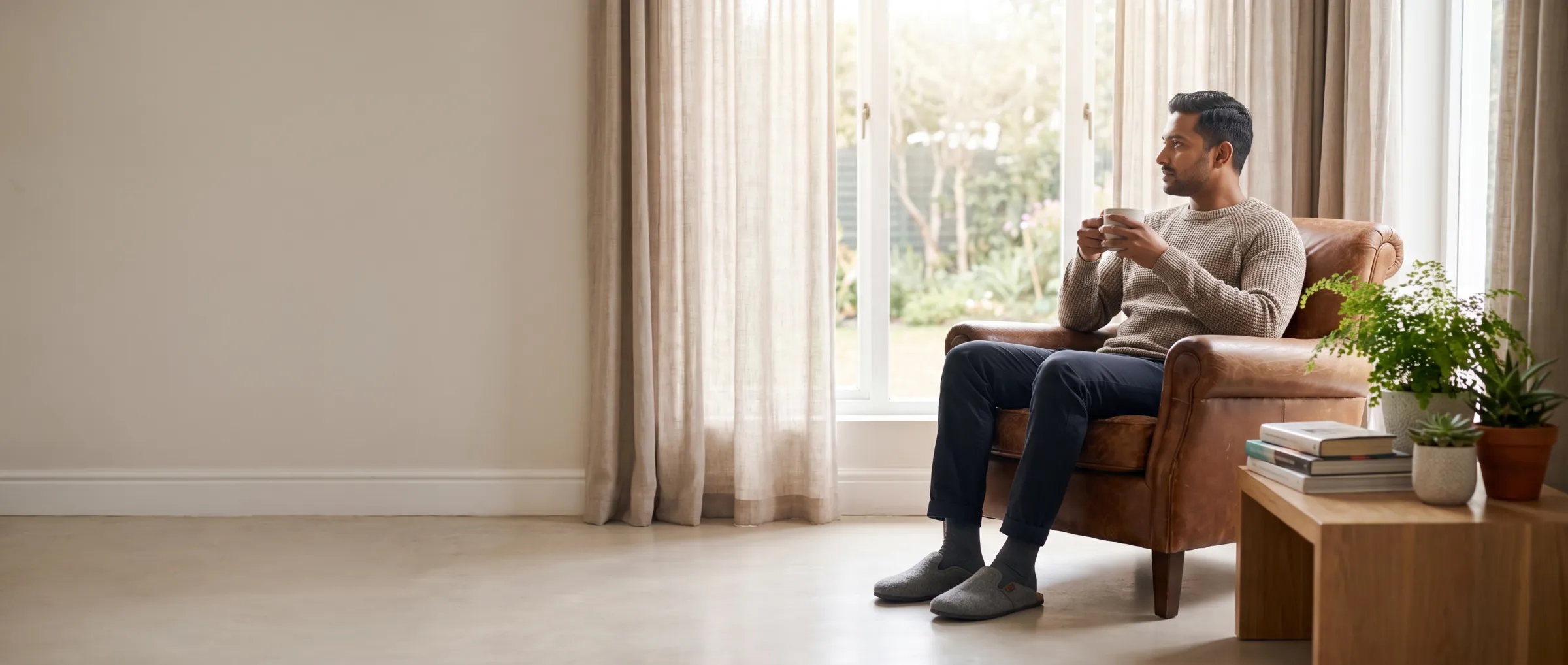 A man relaxing in an armchair by a sunny window with a mug of tea