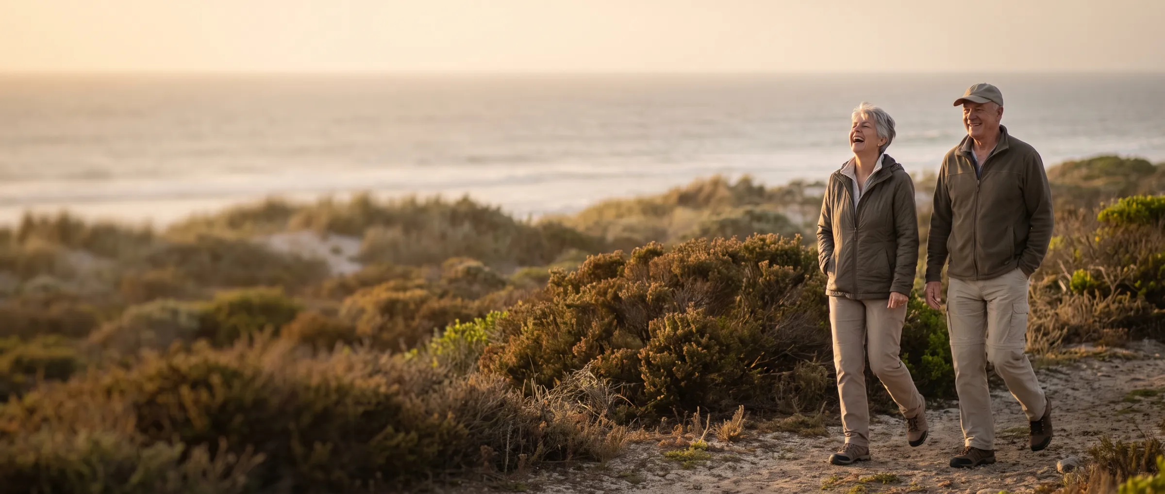 An older couple laughing together on a coastal walking path through fynbos