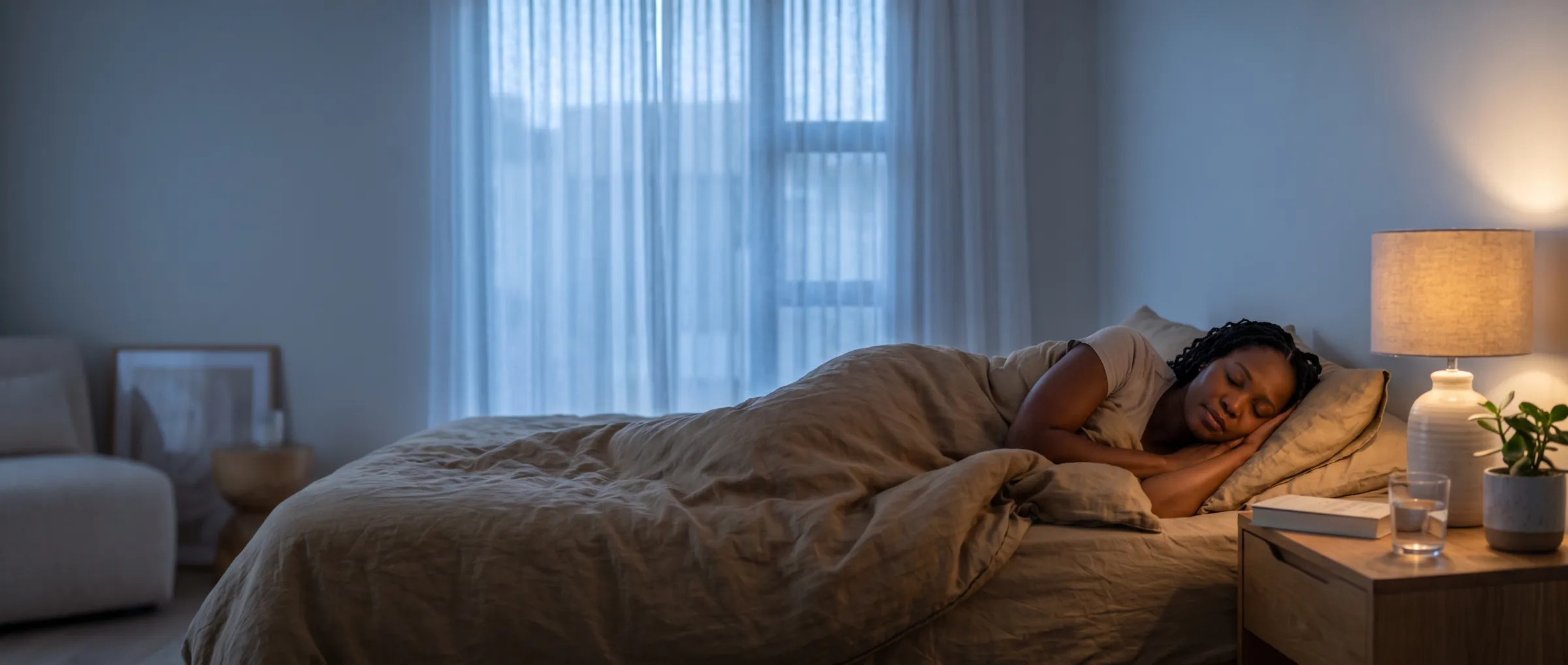 A woman sound asleep in a calm bedroom at dusk